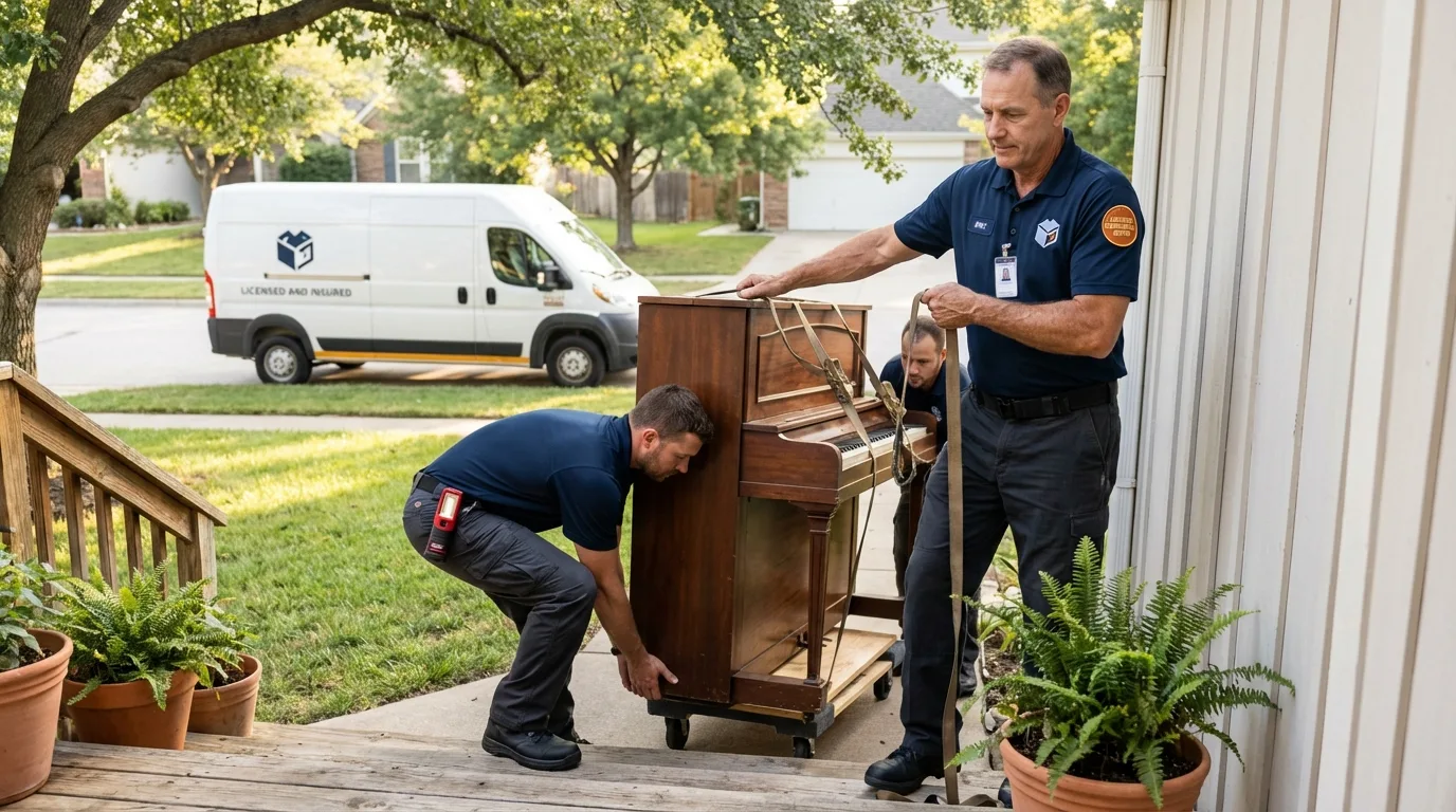 Licensed piano movers securing grand piano in Hillsboro, MO