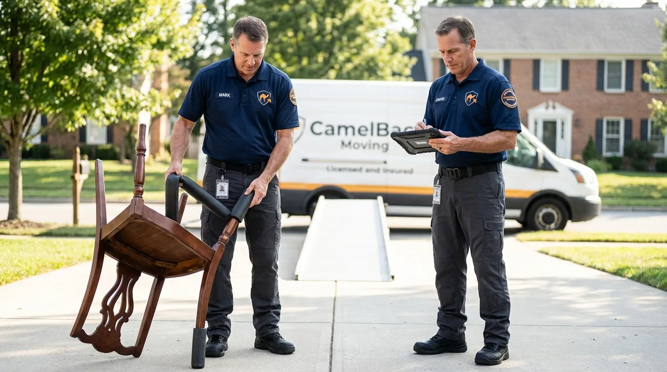 Movers inspecting furniture for damage prevention before loading in Hillsboro, MO