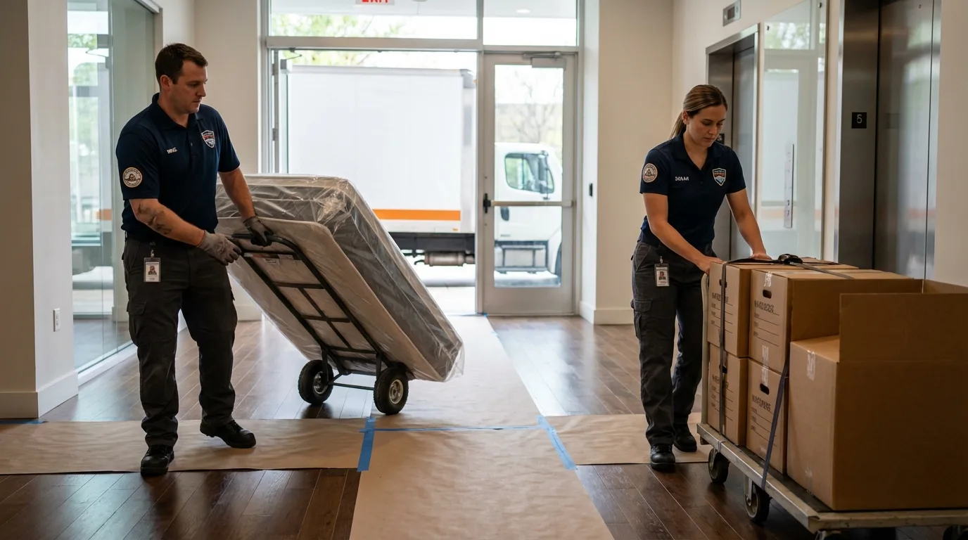 Professional apartment movers loading elevator in Hillsboro, MO